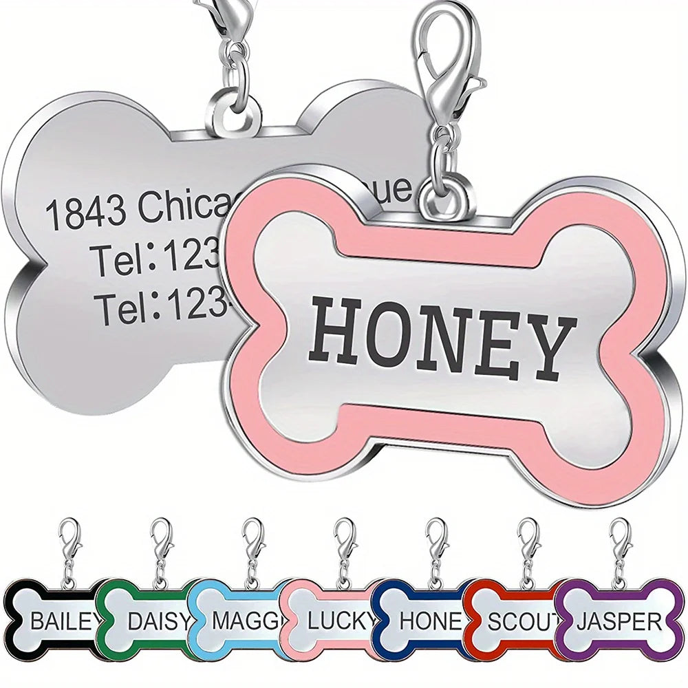 1PC Custom Engraved Name Dog Tag for Pets Personalized Zinc Alloy Bone-Shaped ID Dog Cat Tag with Slide-On Chain Durable Pet Tag