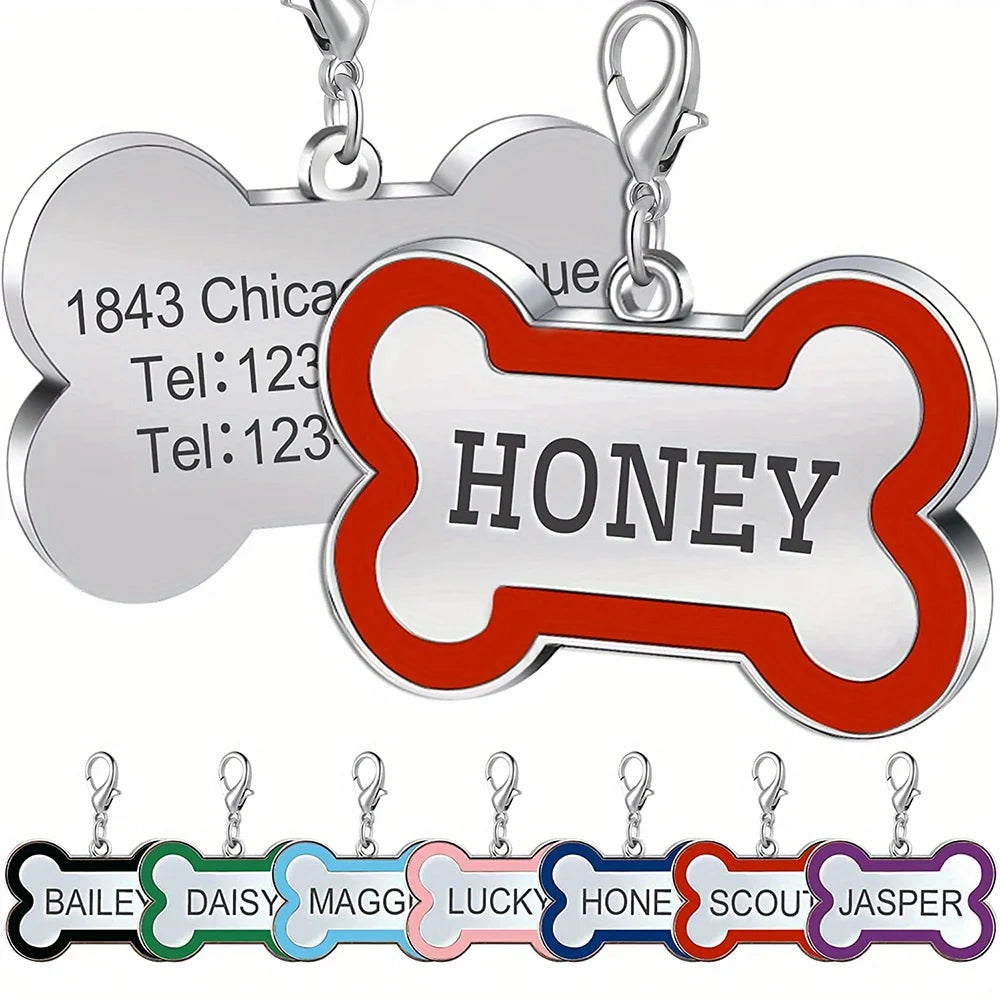 1PC Custom Engraved Name Dog Tag for Pets Personalized Zinc Alloy Bone-Shaped ID Dog Cat Tag with Slide-On Chain Durable Pet Tag