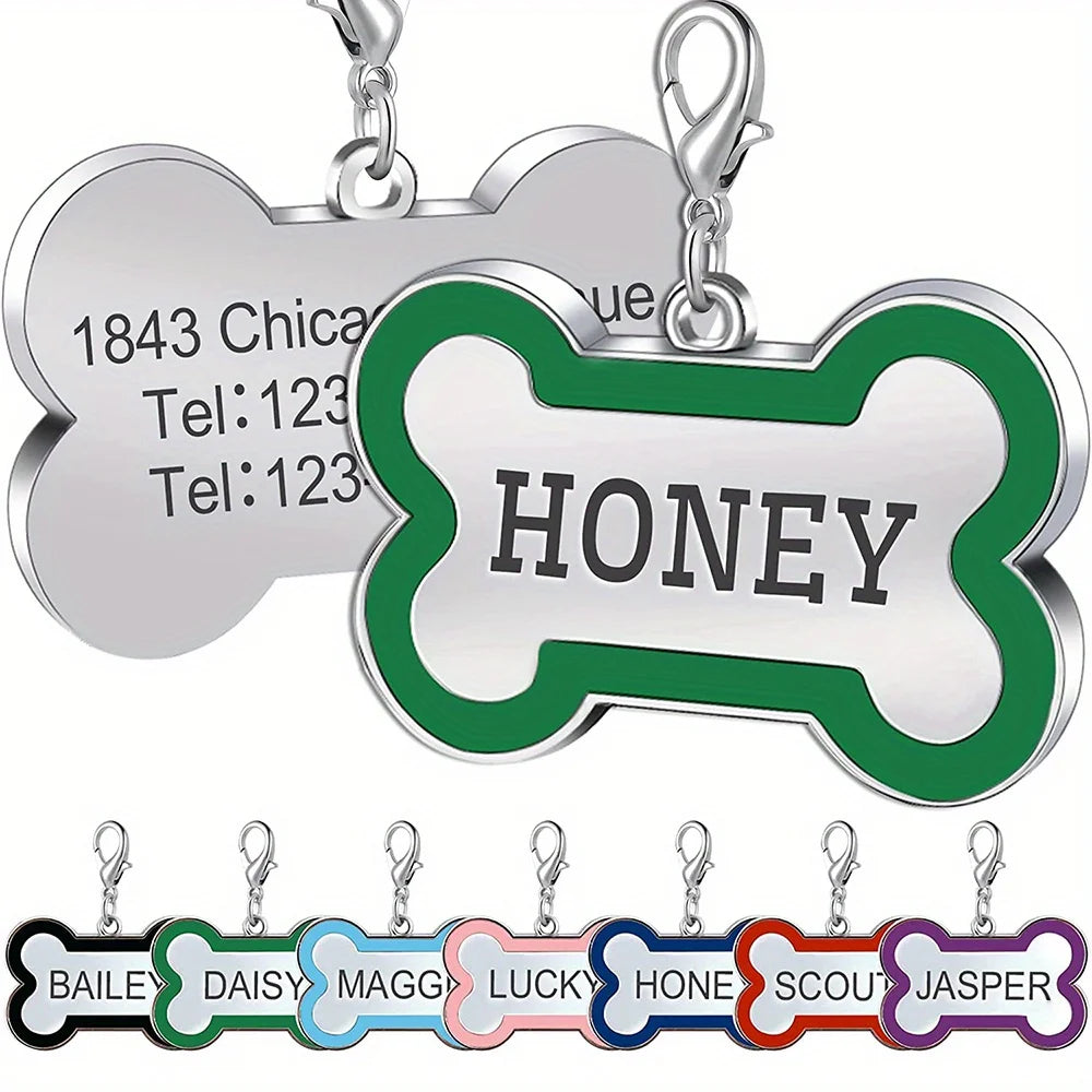 1PC Custom Engraved Name Dog Tag for Pets Personalized Zinc Alloy Bone-Shaped ID Dog Cat Tag with Slide-On Chain Durable Pet Tag