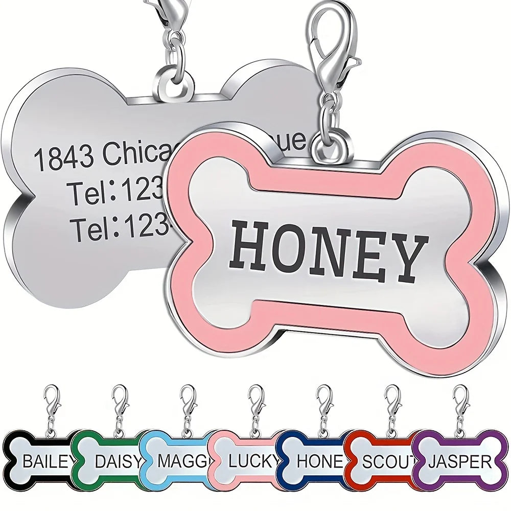 1PC Custom Engraved Name Dog Tag for Pets Personalized Zinc Alloy Bone-Shaped ID Dog Cat Tag with Slide-On Chain Durable Pet Tag