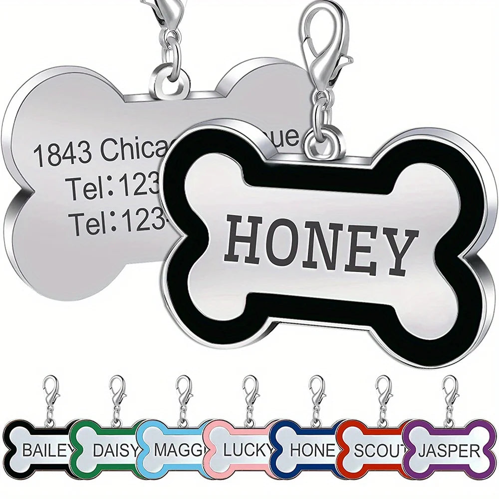 1PC Custom Engraved Name Dog Tag for Pets Personalized Zinc Alloy Bone-Shaped ID Dog Cat Tag with Slide-On Chain Durable Pet Tag